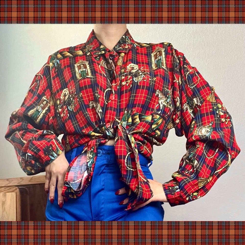 Vtg 1980s British Isles Red Plaid Button Down Shirt Soldiers Horses Graphic Sz M